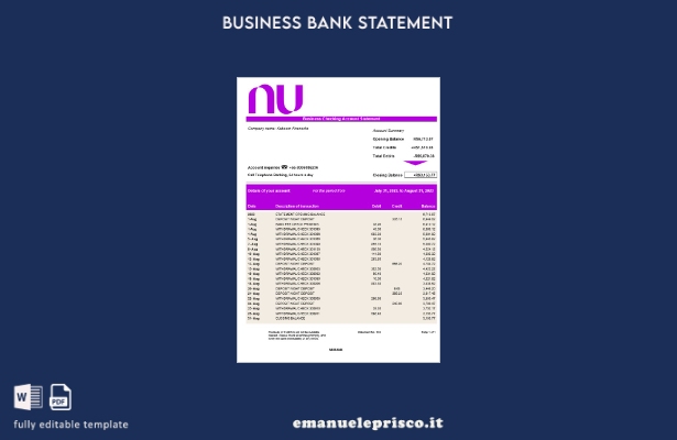 stile verificato Modello di estratto conto aziendale Nubank in Word e PDF